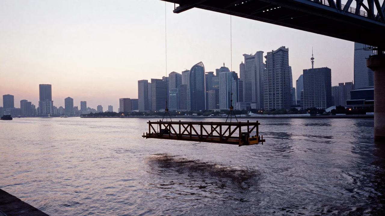Shanghai Nanpu Bridge maintenance cradle hanging over Huangpu River at nautical dawn in in Shanghai, China
