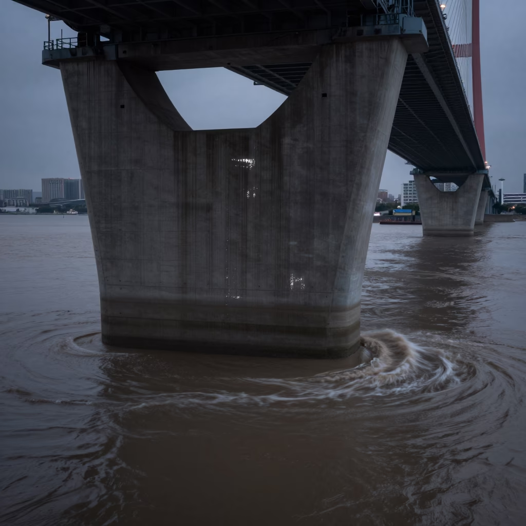 Shanghai Nanpu Bridge Pier Base Swirling With Muddy Floodwater Under Predawn Darkness in in Shanghai, China