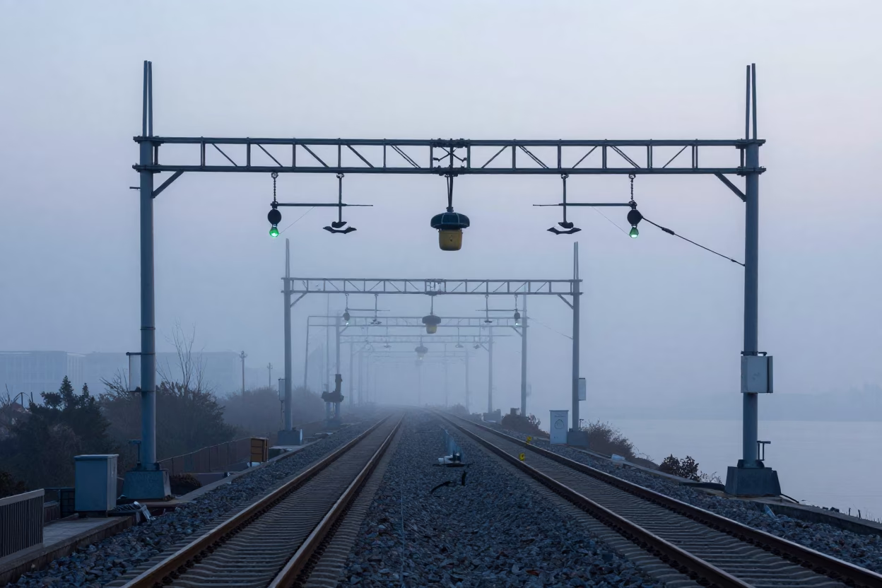 Shanghai Nautical Dawn Signal Gantry Mist Parallel Rail Lines Urban Infrastructure in in Shanghai, China