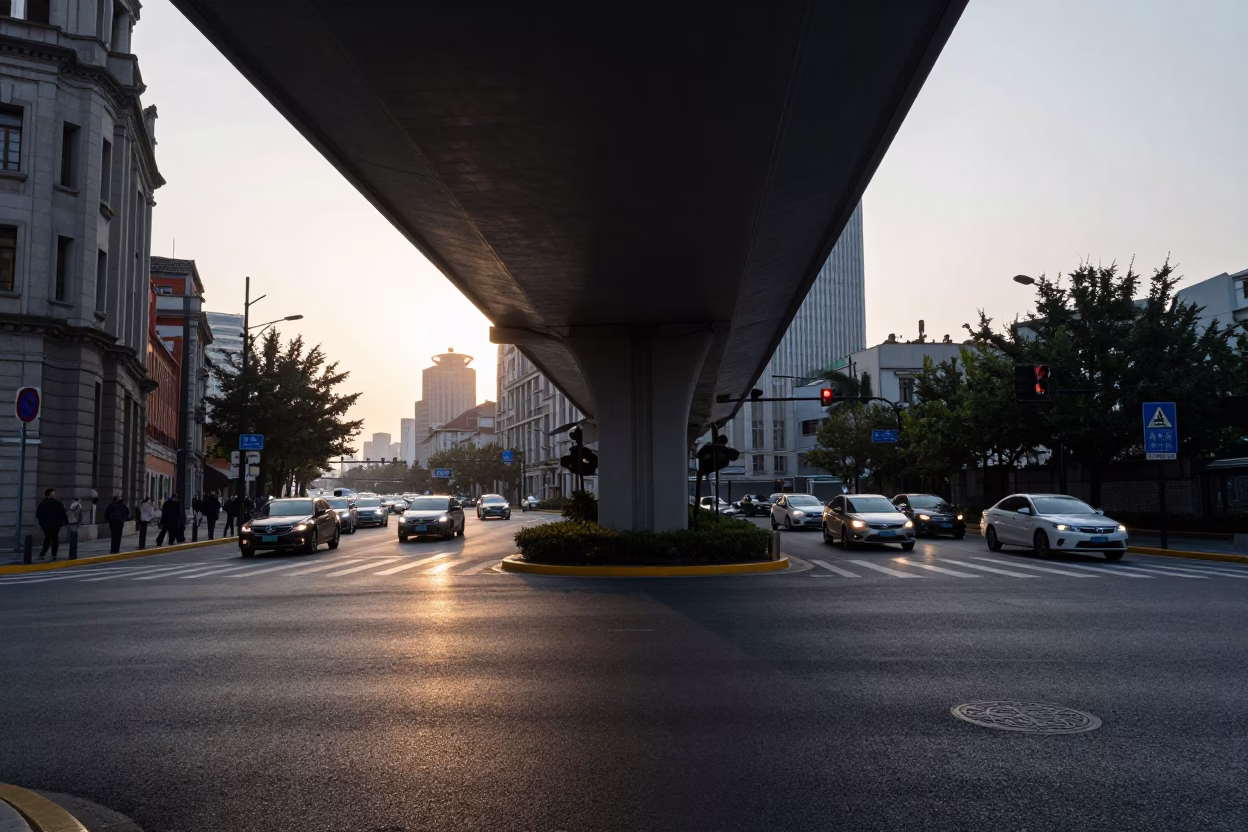 Shanghai Nautical Dawn Street Scene Under Flyover with Pedestrians and Lanterns in in Shanghai, China