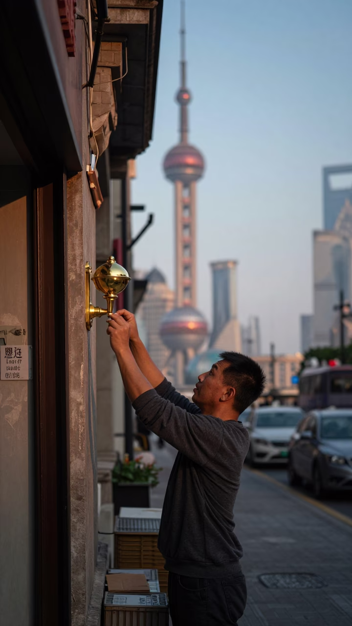 Shanghai Nautical Dawn Street Scene with Brass Fixtures and Basil in in Shanghai, China