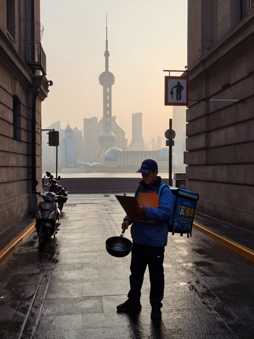 Shanghai Nautical Dawn Street Scene with Clipboard and Saucepan in in Shanghai, China
