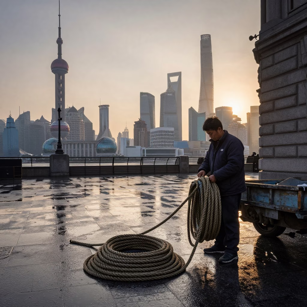 Shanghai Nautical Dawn Street Scene with Coiled Rope and Window Box Details in in Shanghai, China