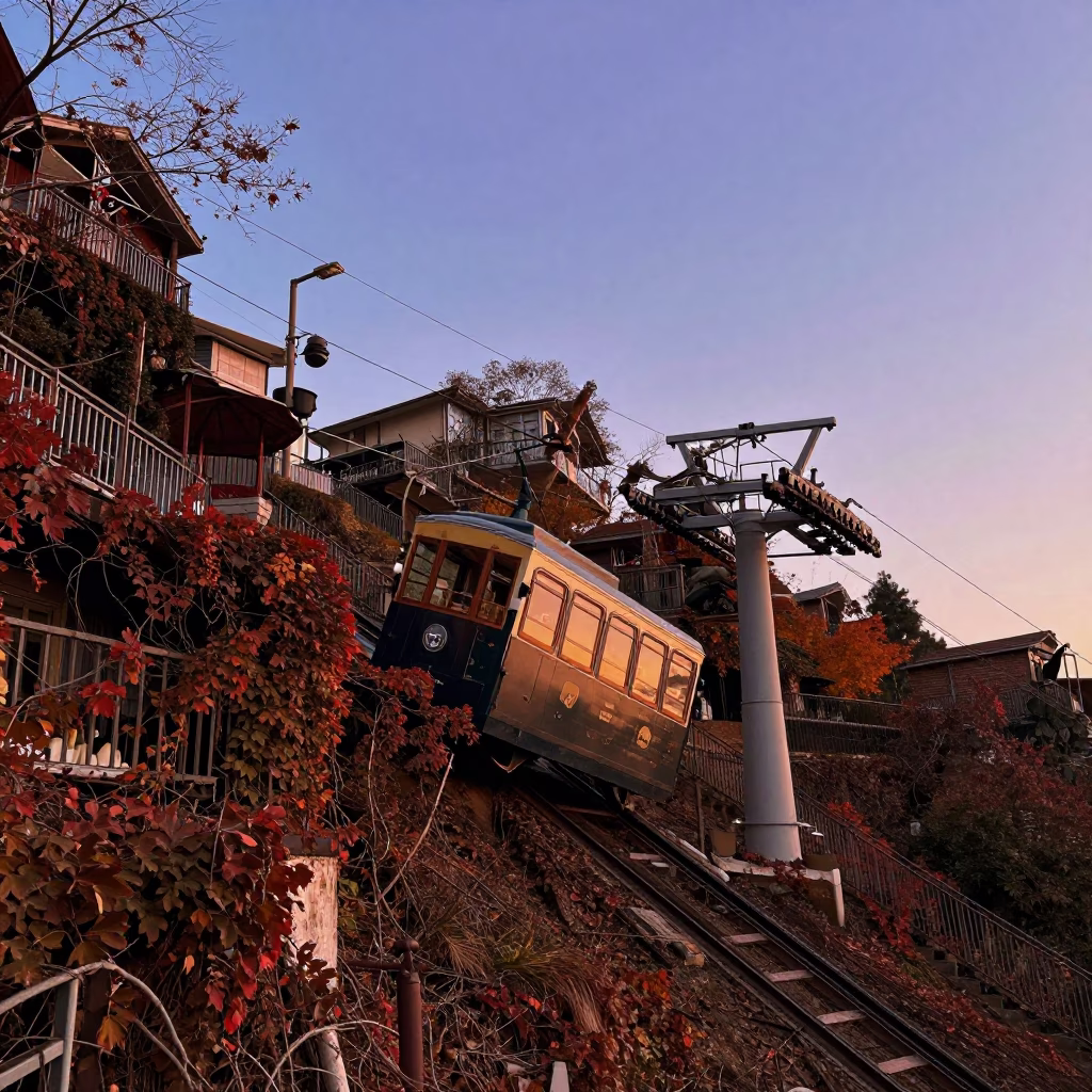 Shanghai Nautical Dawn Street Scene with Funicular and Autumn Vines in in Shanghai, China