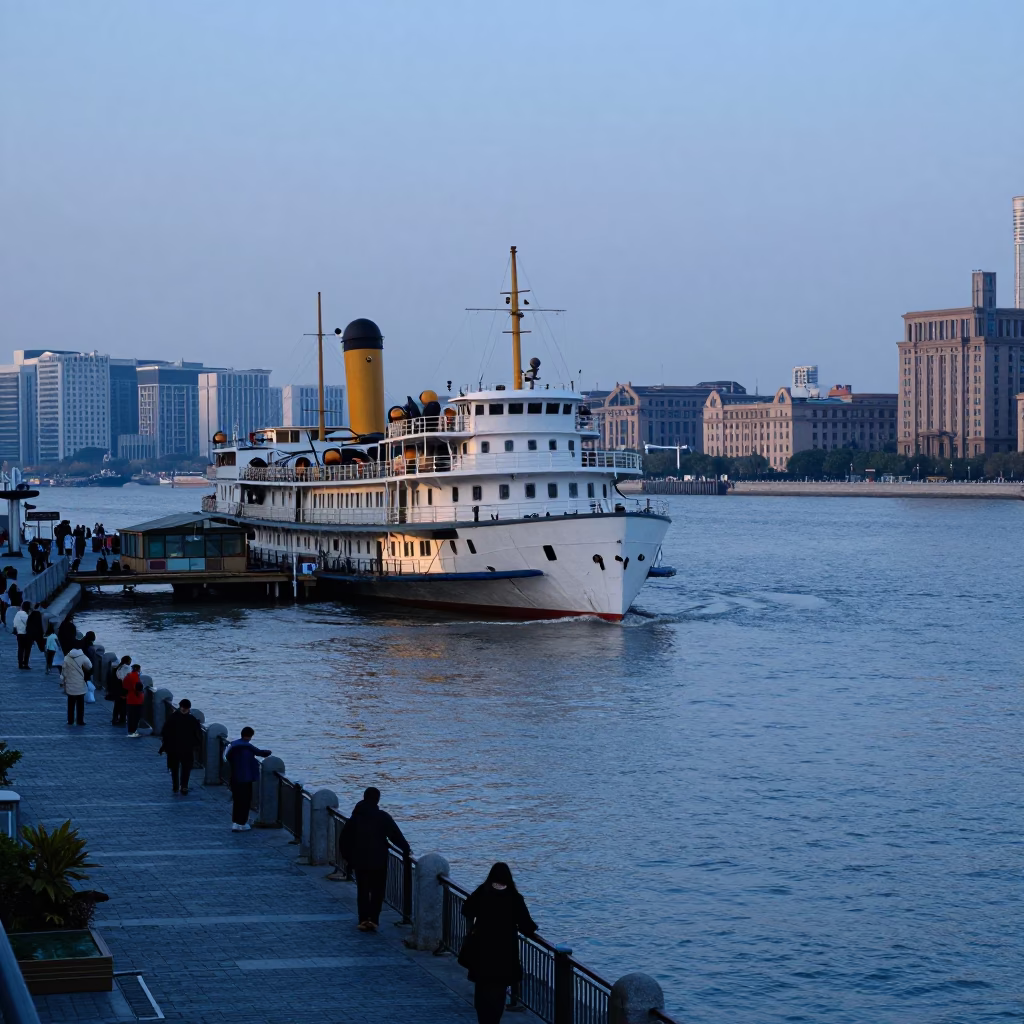 Shanghai Nautical Dawn Street Scene with Steamboat and River Activity in in Shanghai, China