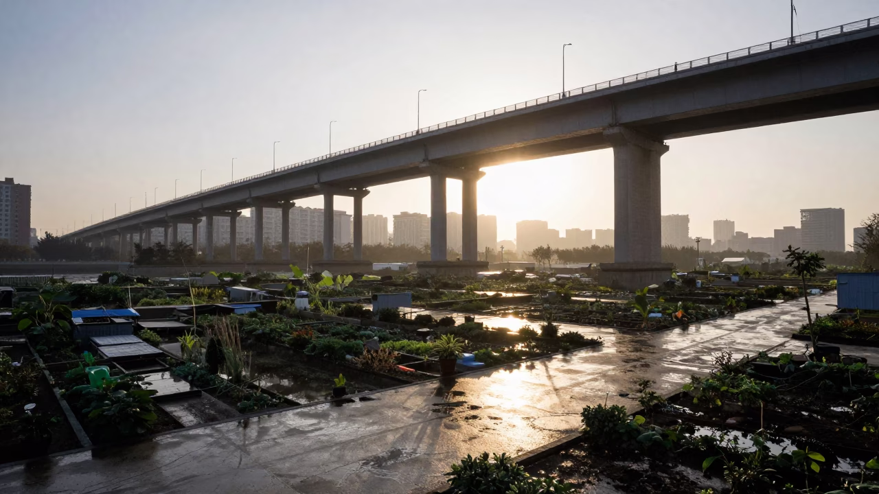 Shanghai Nautical Dawn Viaduct Shadow Cutting Across Rain-Wet Allotment Gardens in in Shanghai, China