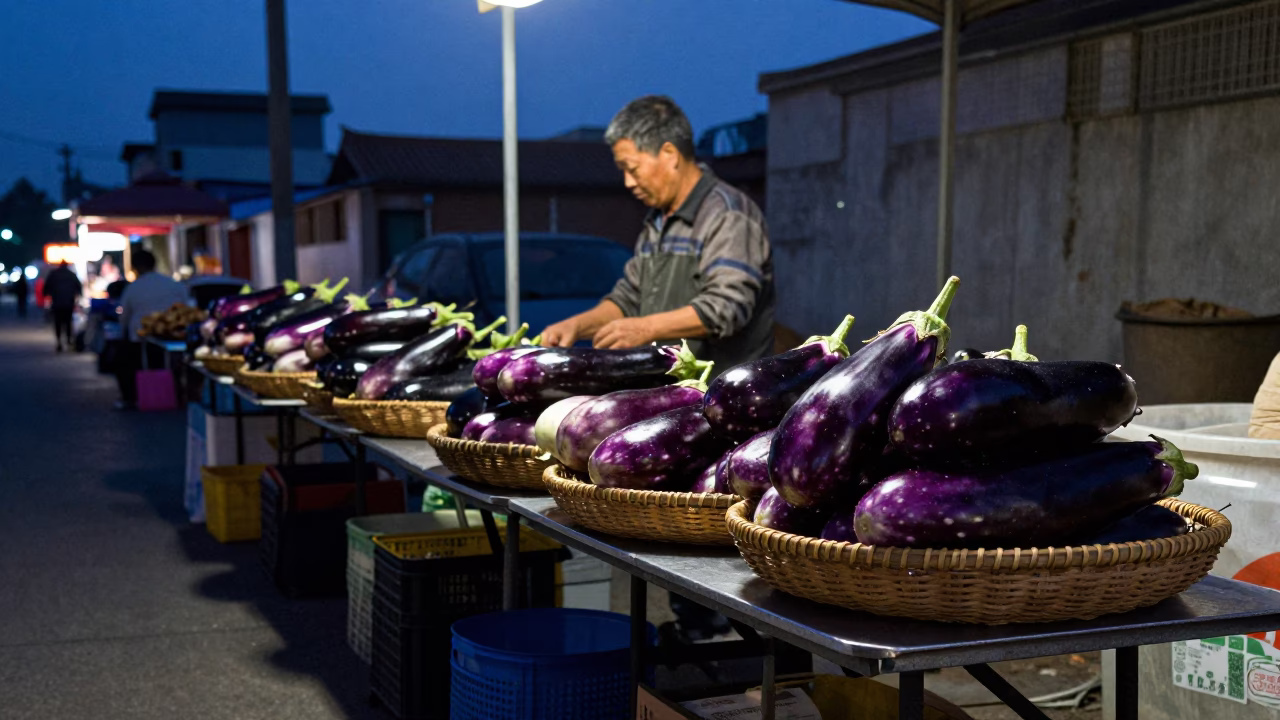 Shanghai Night Market Stall Before Dawn with Eggplants and Folding Tables in in Shanghai, China