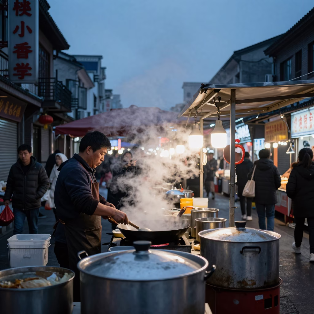 Shanghai Night Market Stall Before Dawn with Steam and Local Street Food Preparation in in Shanghai, China