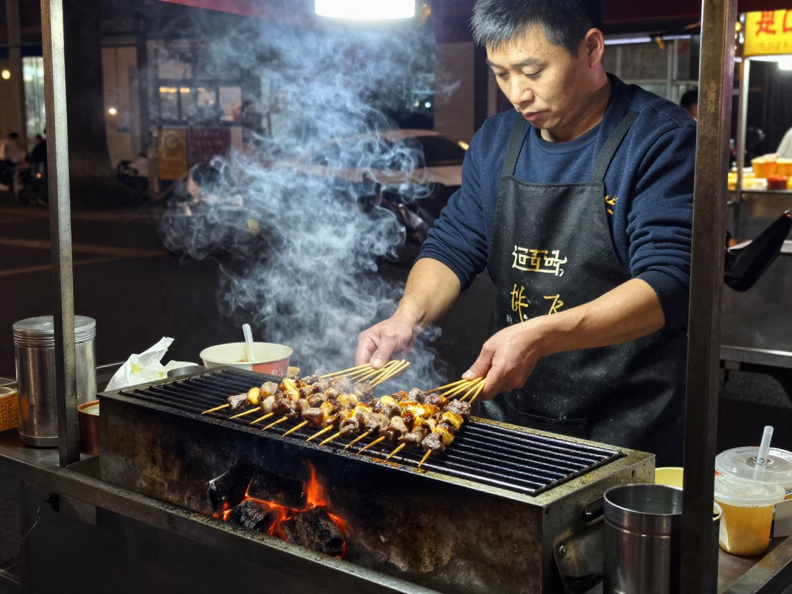 Shanghai Night Market Street Food Vendor Grilling Kebabs Over Coals Deep in the Night in in Shanghai, China