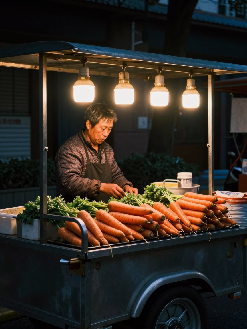 Shanghai Night Market Street Food Vendor Selling Carrots and Hot Drinks in Predawn Darkness in in Shanghai, China
