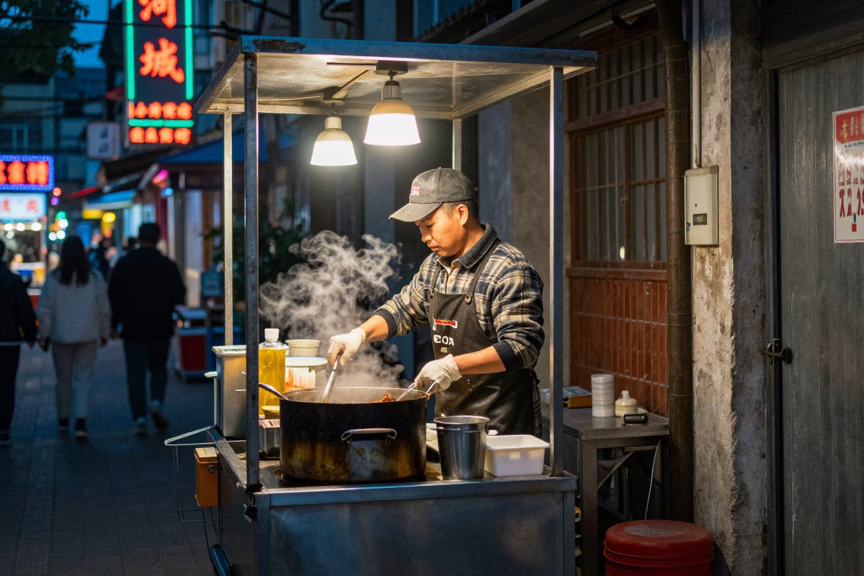 Shanghai night market vendor cooking under neon lights with steam rising in in Shanghai, China