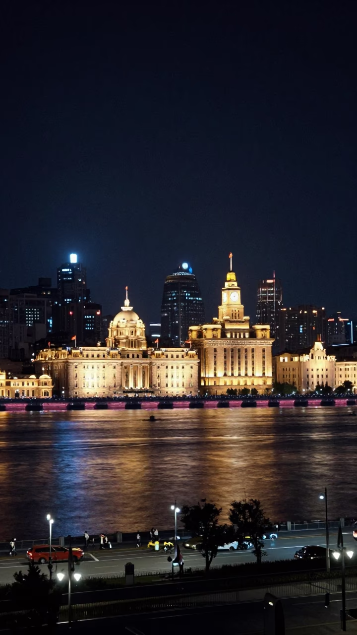 Shanghai Night Skyline and Huangpu River Reflections from the Bund Promenade in in Shanghai, China