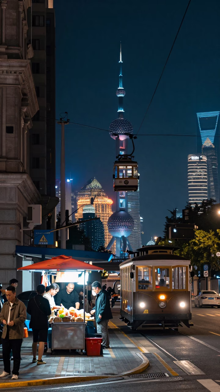 Shanghai Night Street Scene with Cable Car and Window Light Reflections in in Shanghai, China