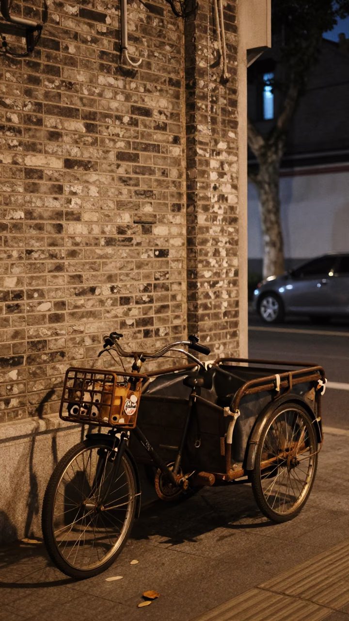 Shanghai Night Street Scene with Cargo Bicycle and Latch Detail in in Shanghai, China