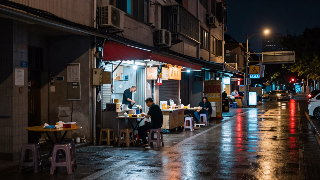 Shanghai Night Street Scene with Neon Reflections and Local Dining in in Shanghai, China