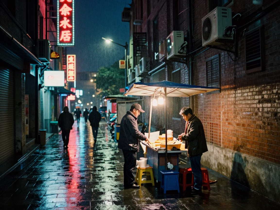 Shanghai Night Street Scene with Vendor and Rainy Urban Details in in Shanghai, China