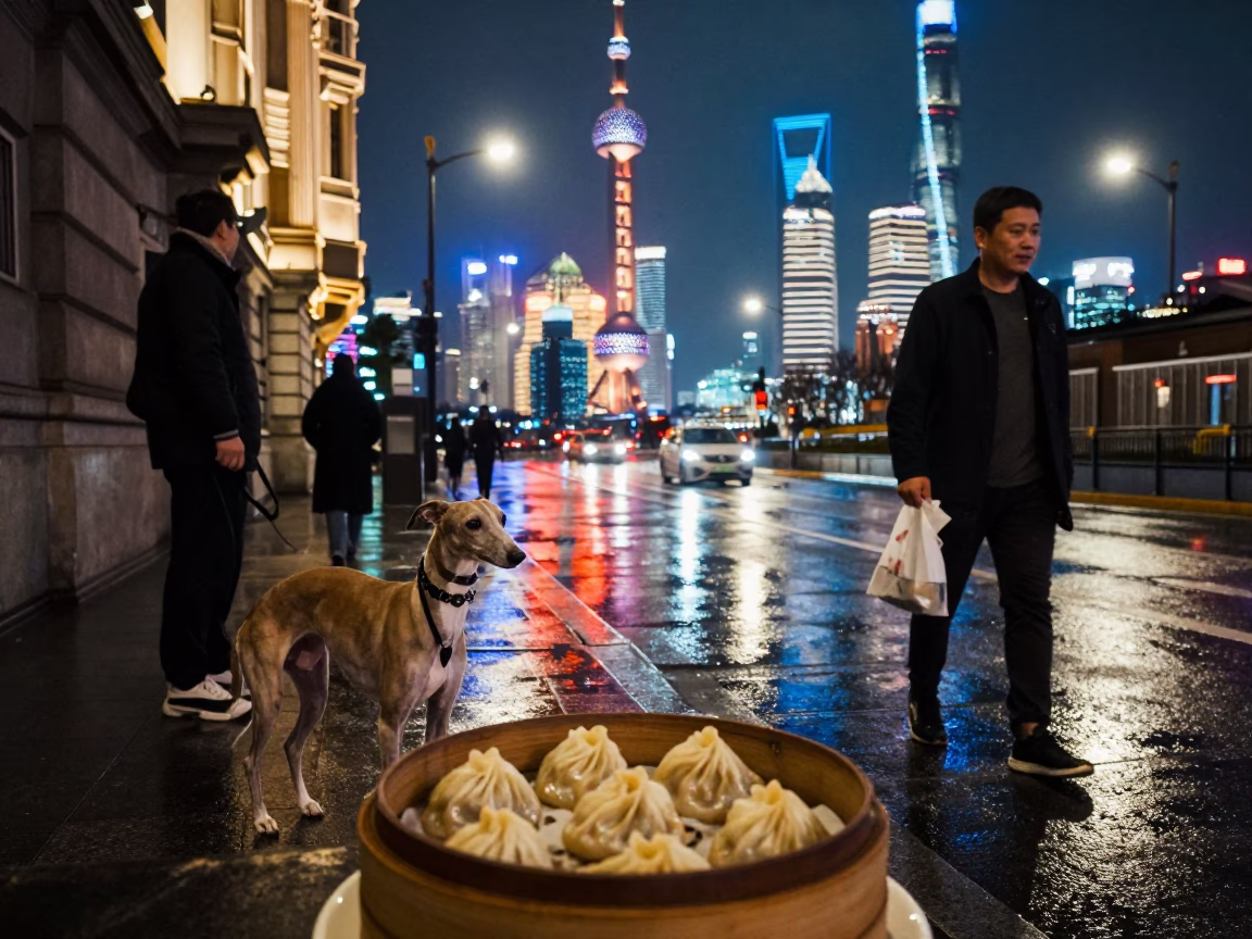 Shanghai Night Street Scene with Xiaolongbao and Whippet in High Fashion Context in in Shanghai, China