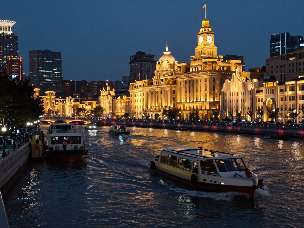 Shanghai Nightlife Street Scene with Water Taxi and Canal Houseboats at Dusk in in Shanghai, China