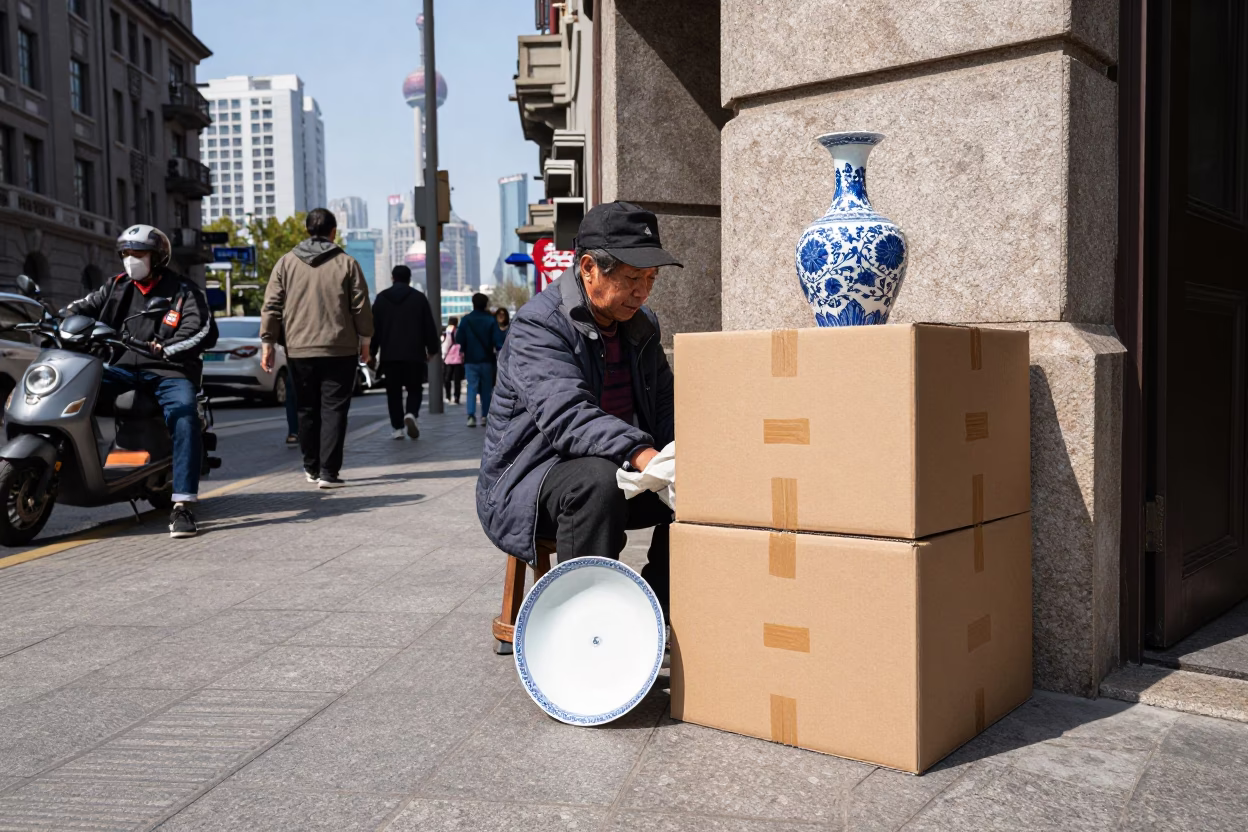 Shanghai Noon Street Scene with Blue White Porcelain and File Box in in Shanghai, China