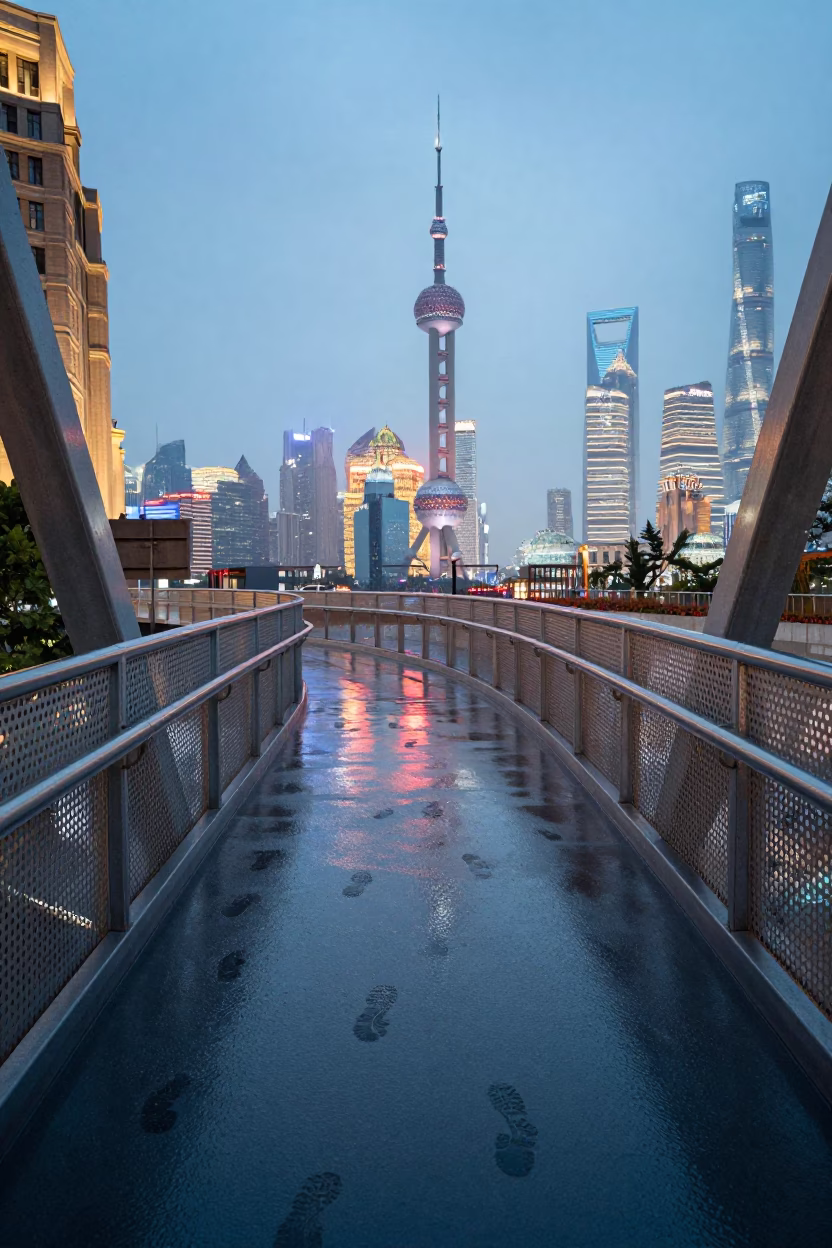 Shanghai Pedestrian Overpass at Dusk with Wet Metal and City Lights in in Shanghai, China