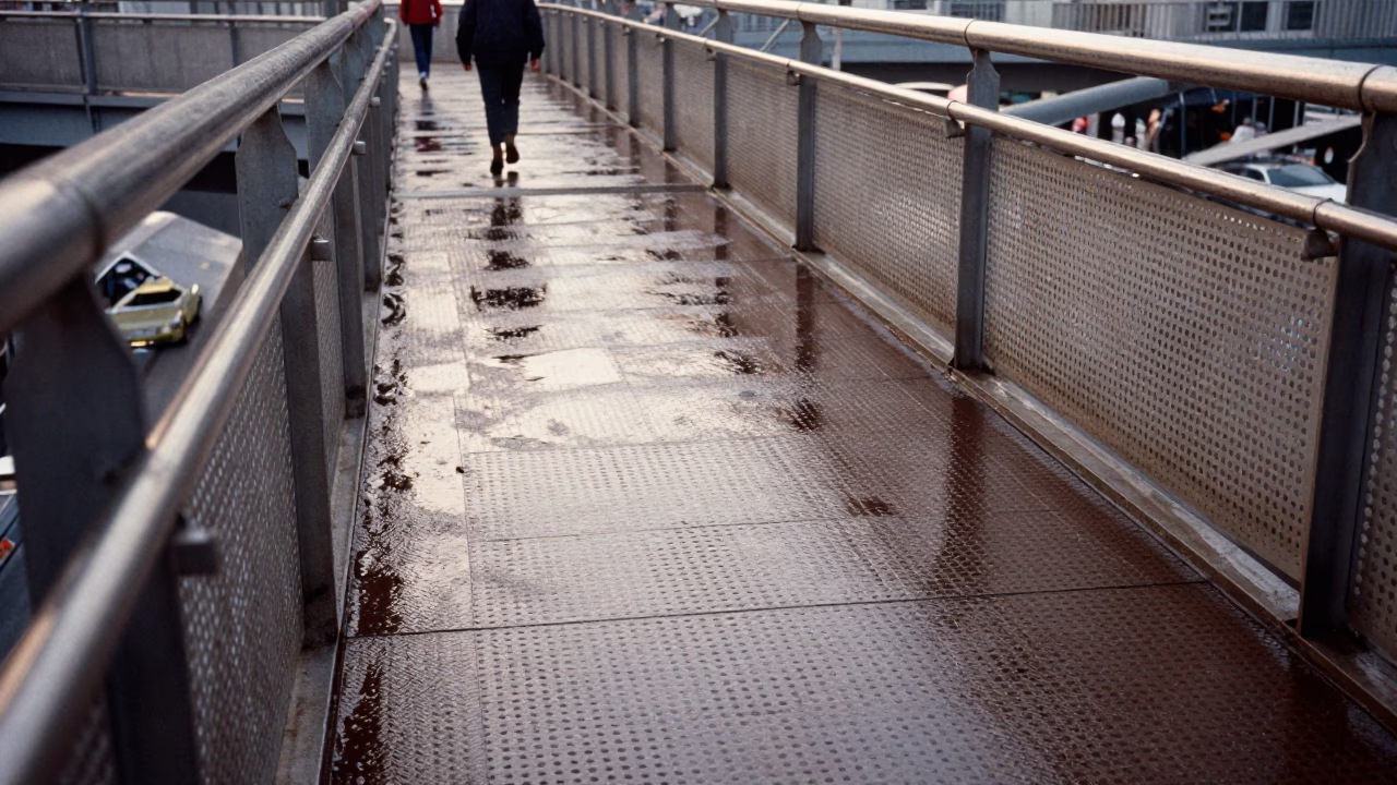Shanghai Pedestrian Overpass Perforated Metal and Wet Footsteps Late Morning in in Shanghai, China