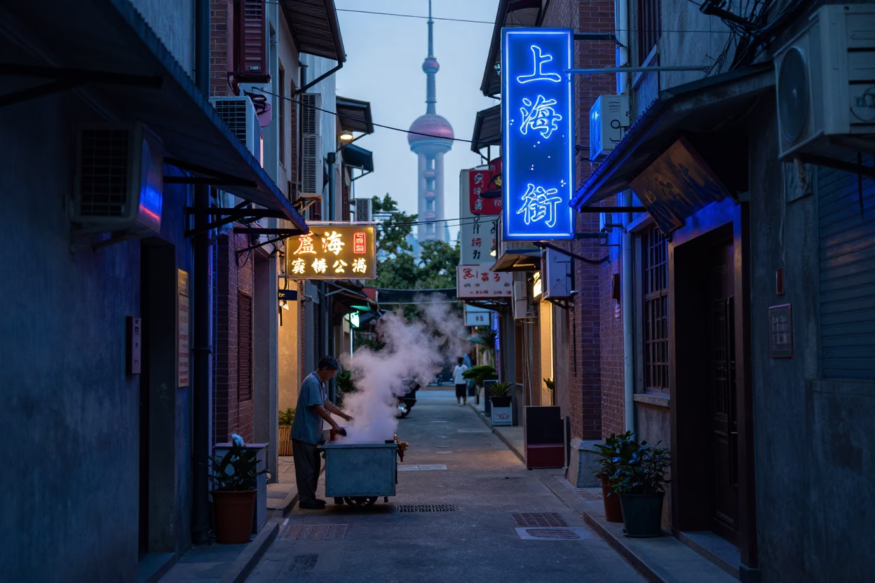 Shanghai Pre-Dawn Alleyway Street Scene with Neon Signs and Early Morning Vendor Activity in in Shanghai, China
