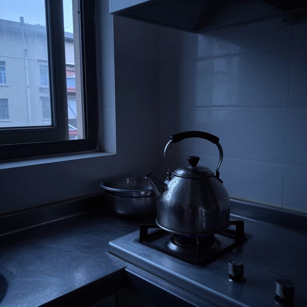 Shanghai Pre-Dawn Kitchen Scene with Grease Sheen on Kettle Lid and Cookbooks in in Shanghai, China