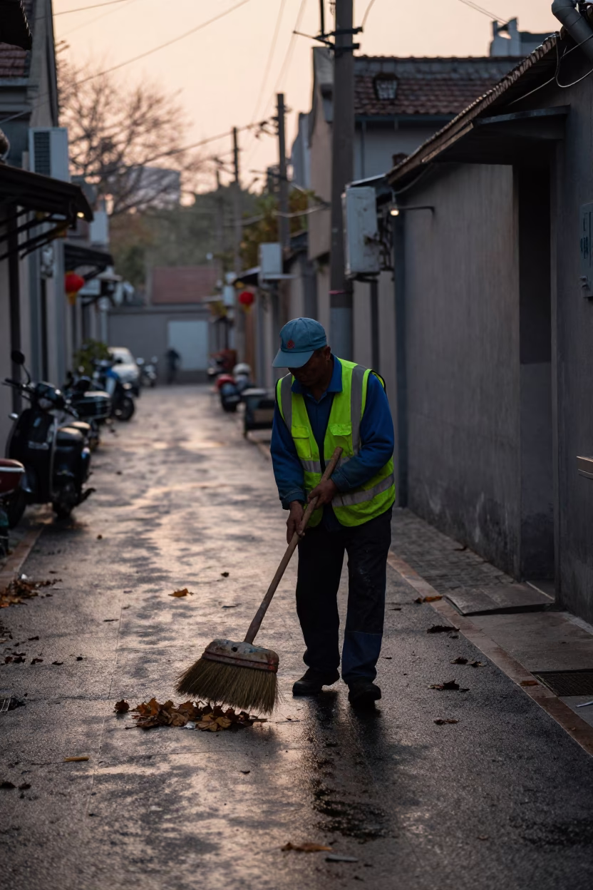 Shanghai Pre-Dawn Street Cleaning Crew with Brooms and Scuffed Wood Shutters Before Sunrise in in Shanghai, China
