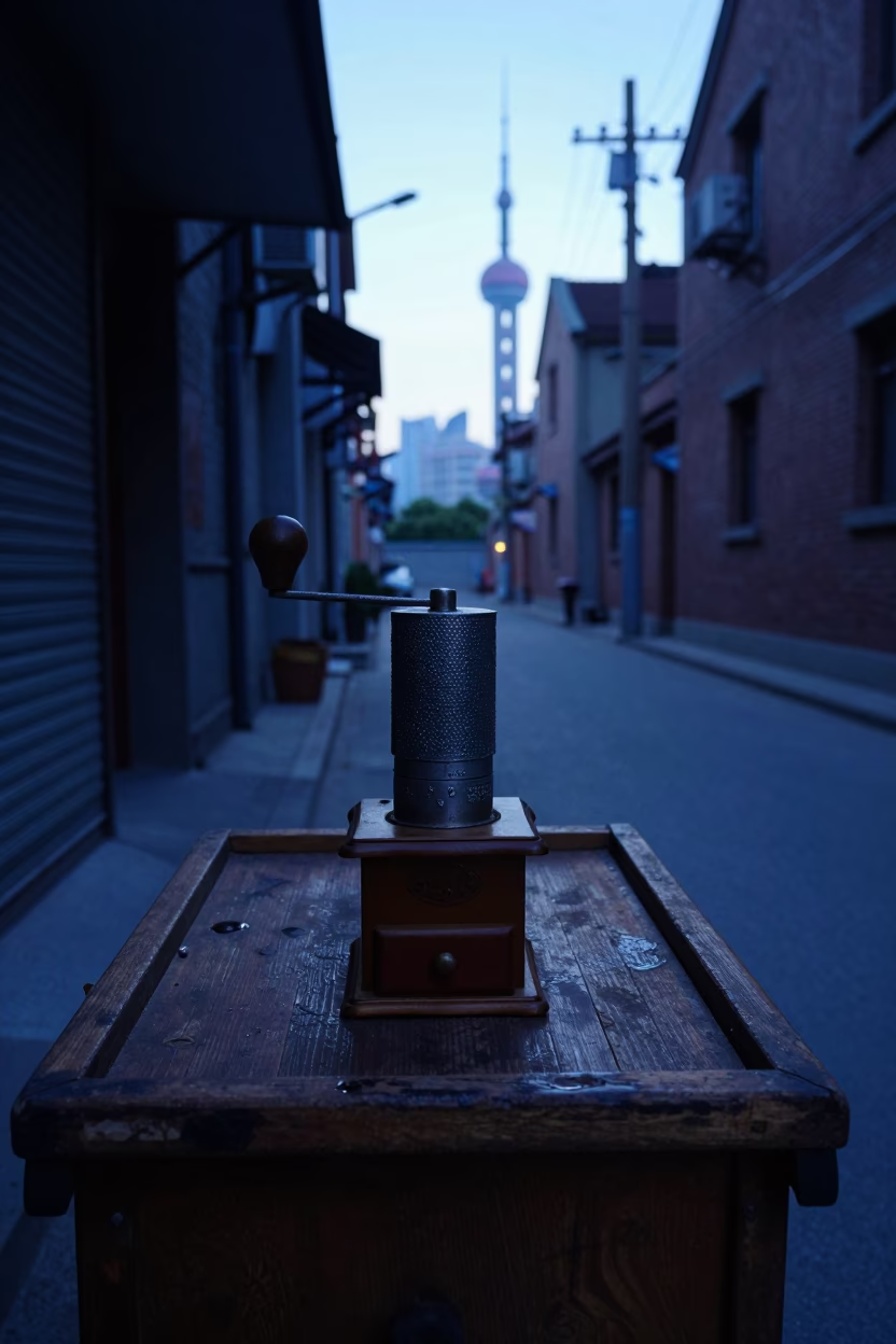 Shanghai Pre-Dawn Street Scene with Coffee Grinder and Local Morning Ritual in in Shanghai, China