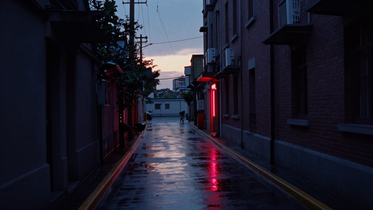 Shanghai Pre-Dawn Street Scene with Neon Reflections and Morning Commuters in in Shanghai, China