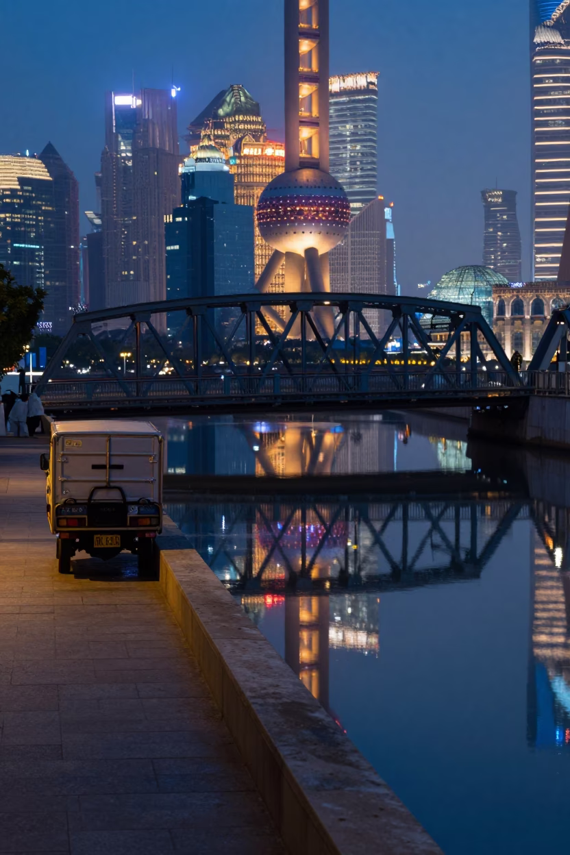 Shanghai Predawn Street Scene with Bridge Pier Reflection and Caster Wheel in in Shanghai, China