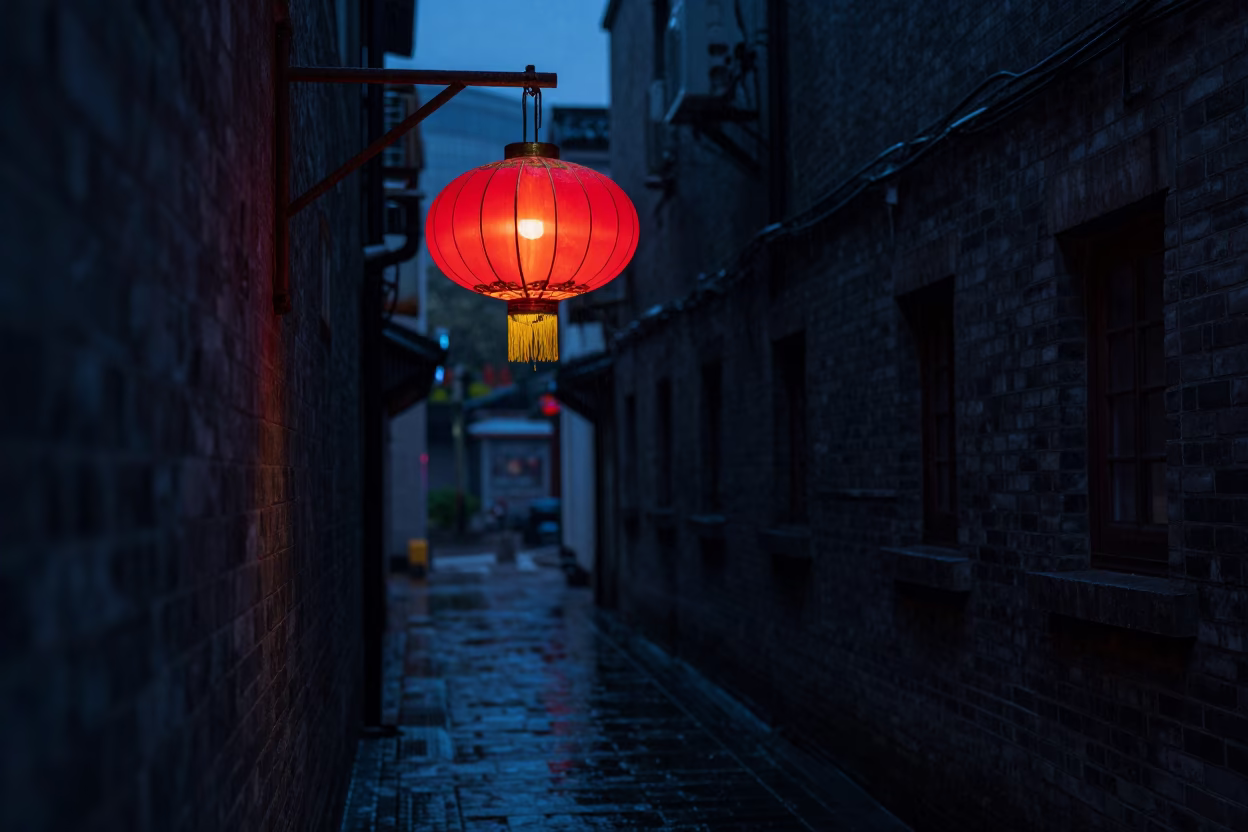 Shanghai Predawn Street Scene with Lantern and Rain-Slicked Pavement in in Shanghai, China