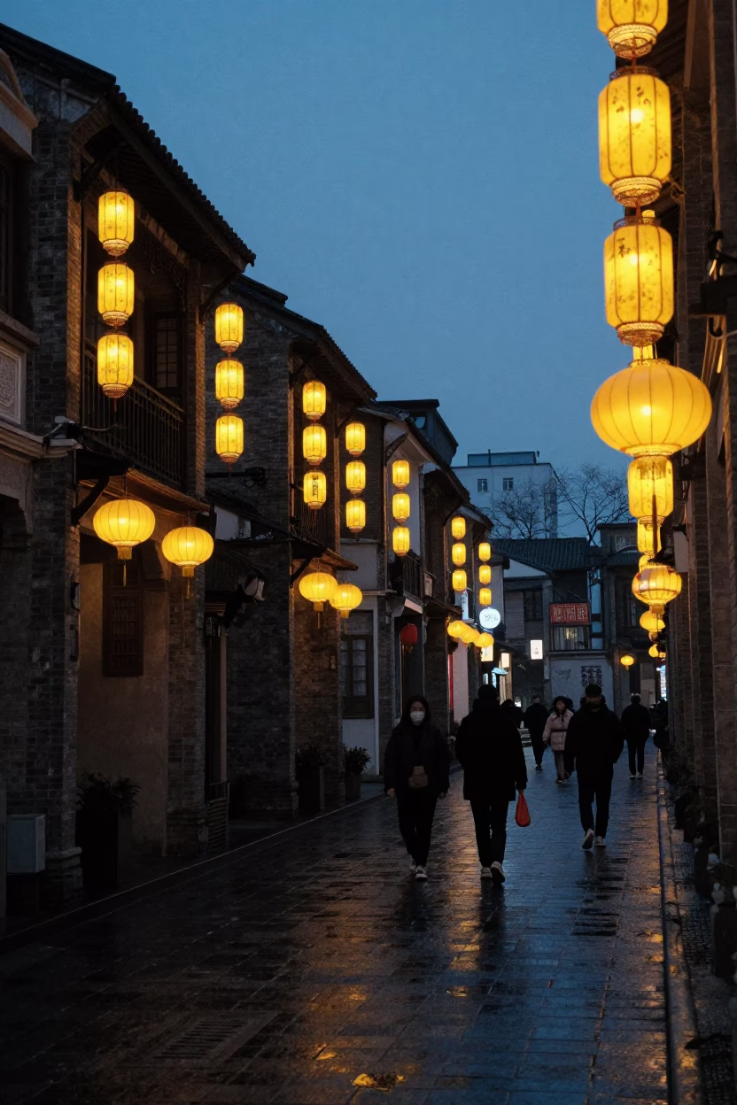 Shanghai Predawn Street Scene with Yellow Lanterns and Wet Pavement in in Shanghai, China