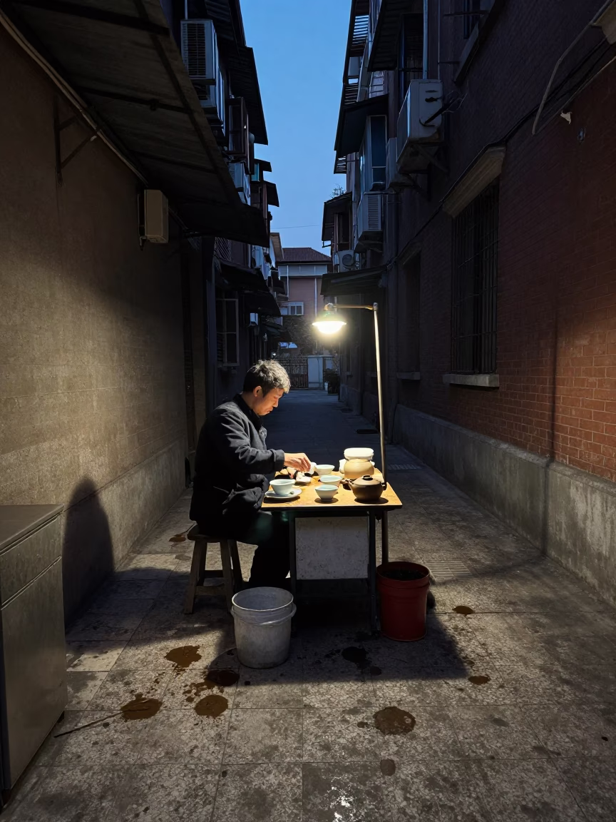 Shanghai Preparing Tea at The Predawn Darkness Light in in Shanghai, China
