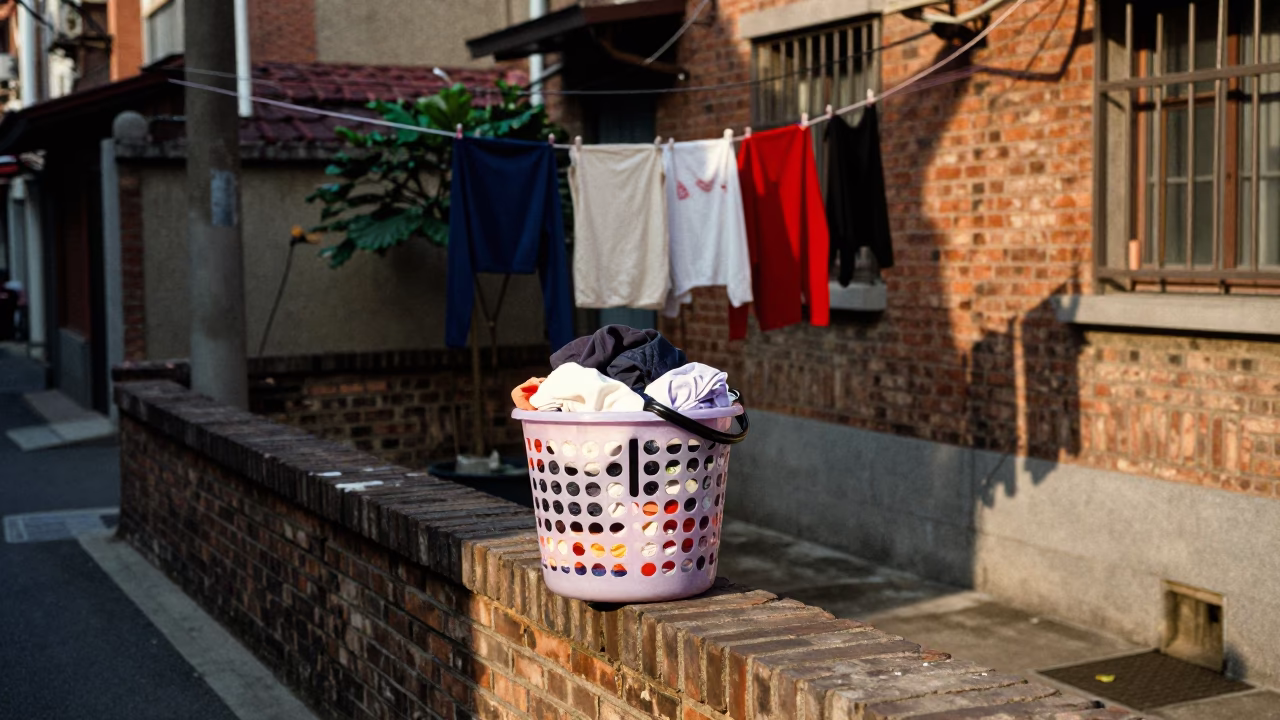 Shanghai Residential Courtyard Afternoon Scene with Laundry Basket and Traditional Door Wreaths in in Shanghai, China