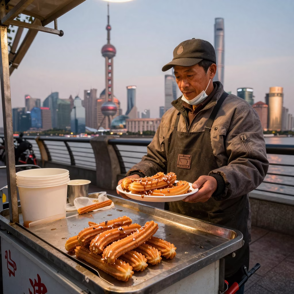 Shanghai Selling Churros at Copper-toned Light Before Dusk in in Shanghai, China