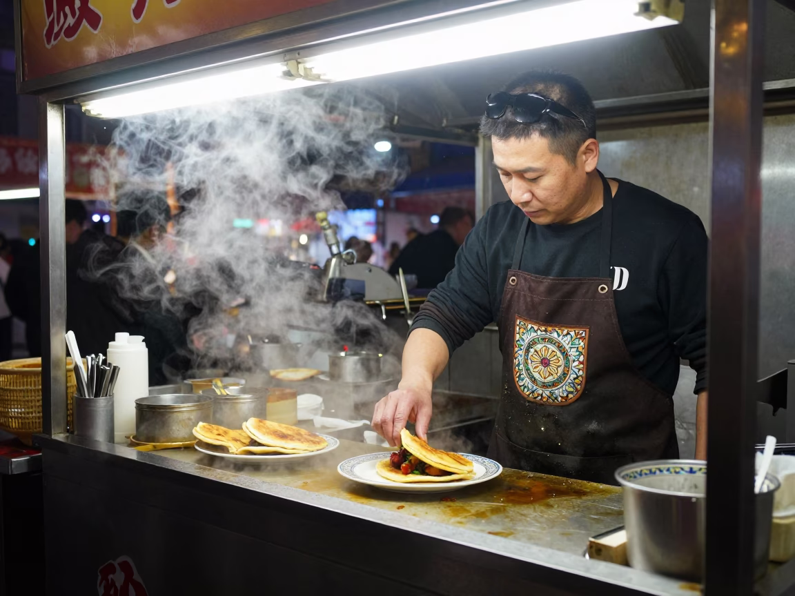 Shanghai Serving Pupusas at Late At Night Light in in Shanghai, China