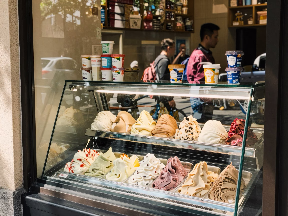 Shanghai Shop Window Gelato Display in Bright Midmorning Light Reflecting Urban Street Scene in in Shanghai, China