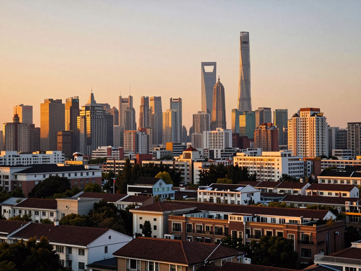 Shanghai Skyline at Dusk with Traditional Architecture and Suburban Rooftops in in Shanghai, China