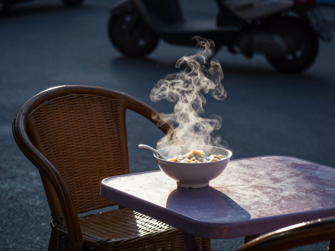 Shanghai Street Breakfast Before Dawn with Rattan Chair and Coffee Mugs in in Shanghai, China