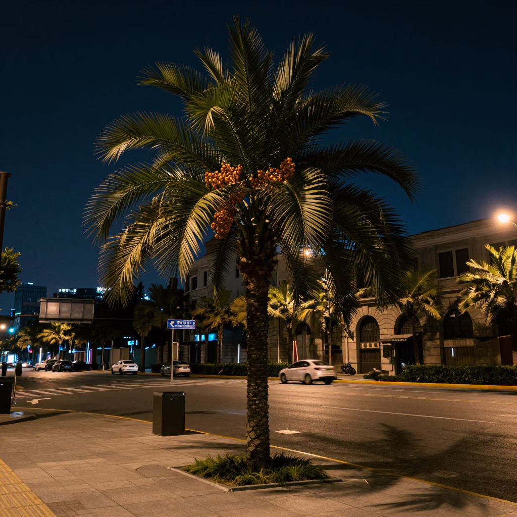 Shanghai street corner at night with date palm and amber clusters in in Shanghai, China