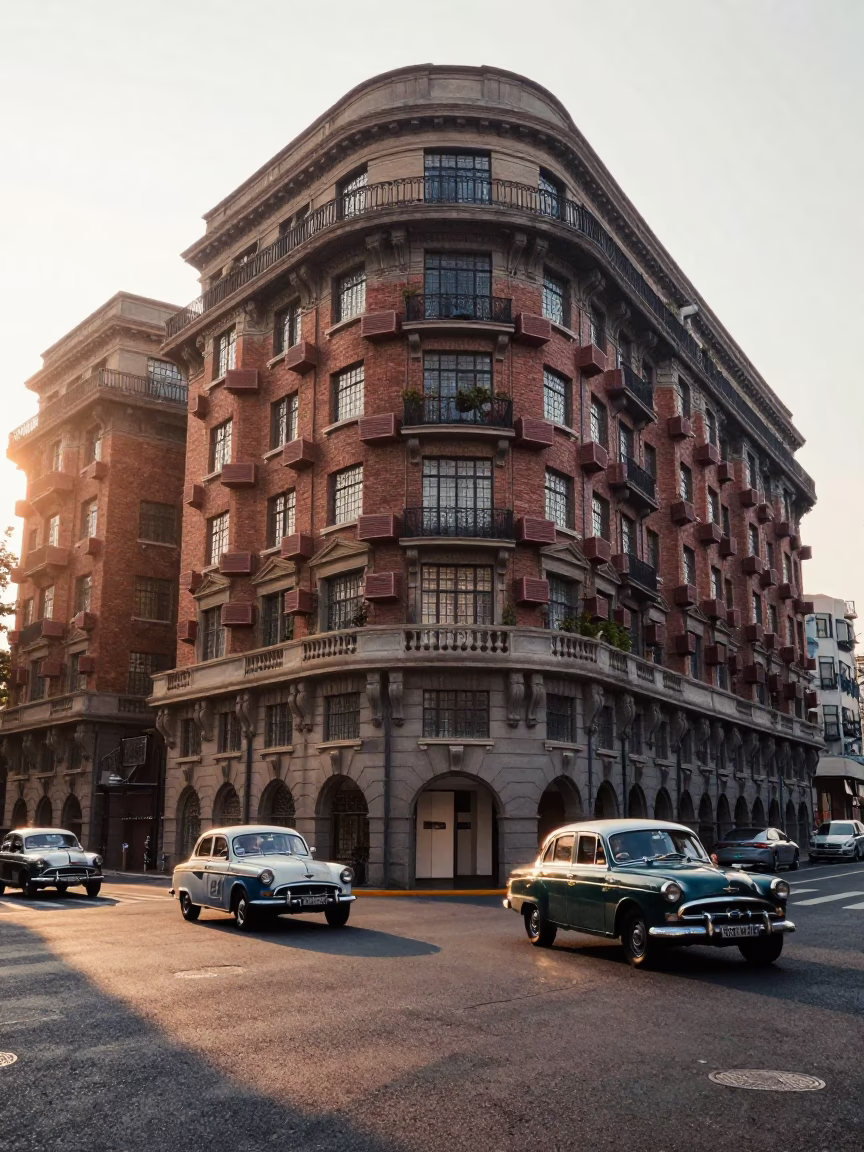 Shanghai Street Corner Morning with Vintage Car Rally and Leather Basketball in in Shanghai, China