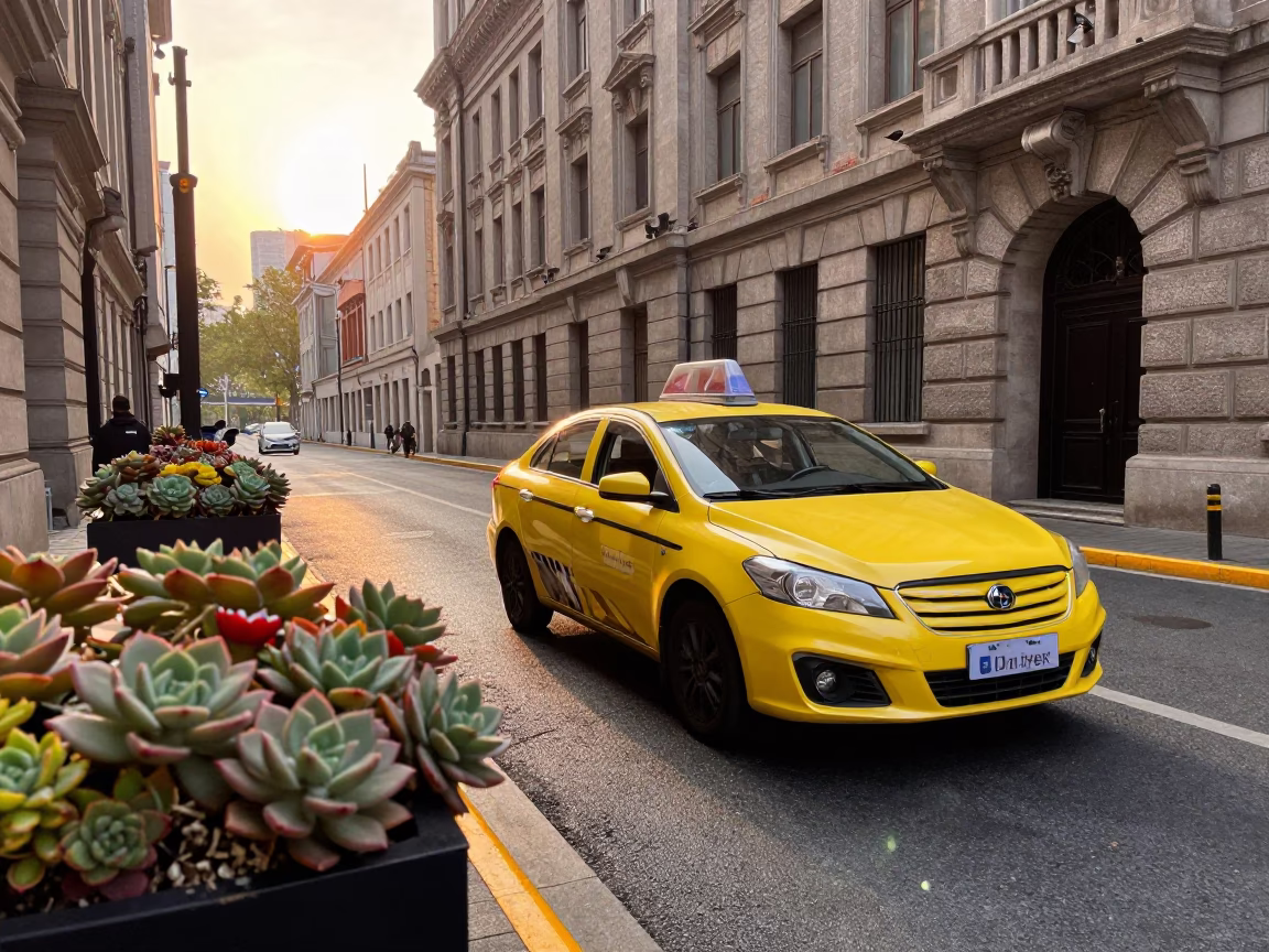 Shanghai street corner with yellow taxi and succulents in honeyed evening light in in Shanghai, China