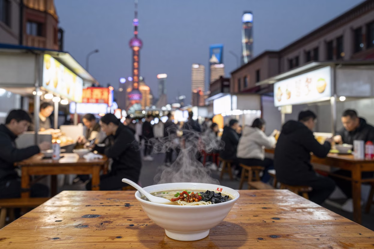 Shanghai street food stall at dusk with bowl of tantanmen ramen and chili oil in in Shanghai, China