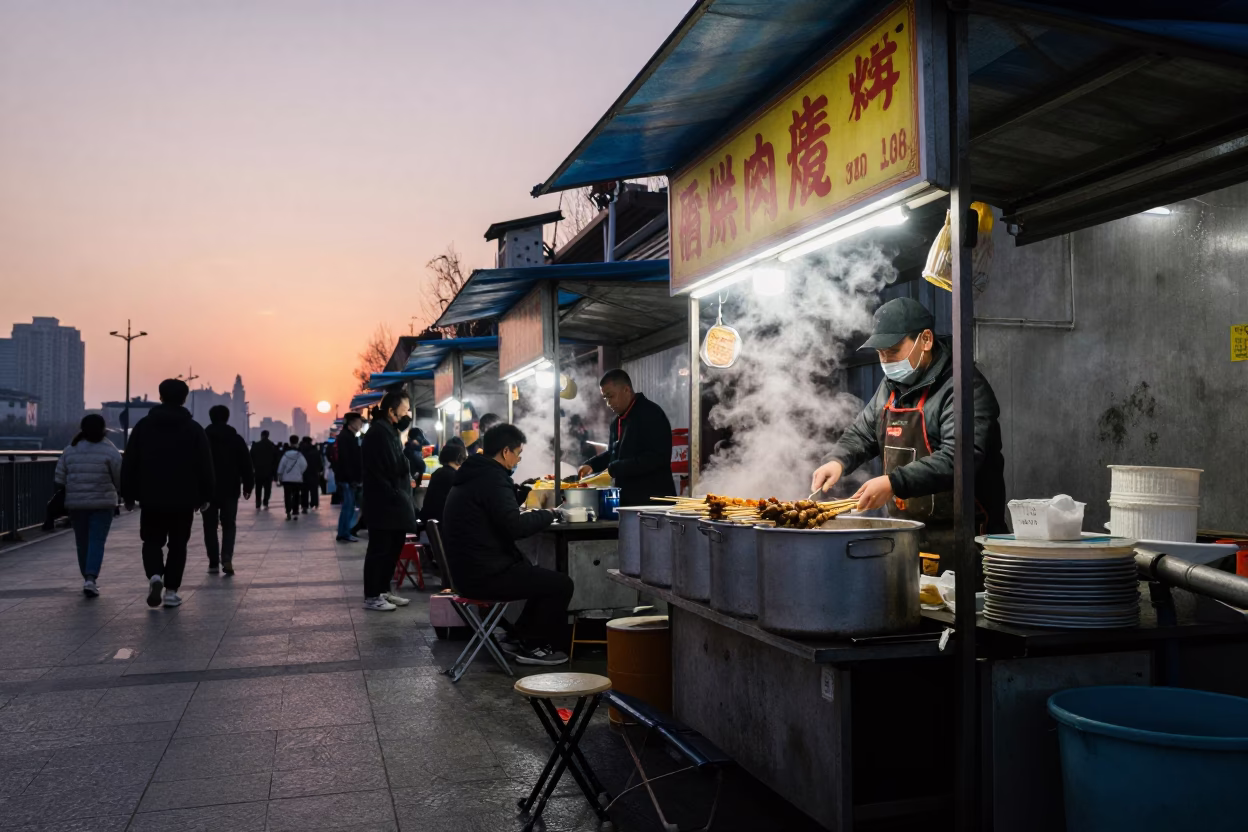 Shanghai Street Food Stall at Dusk with Folding Stools and Urban Skyline in in Shanghai, China