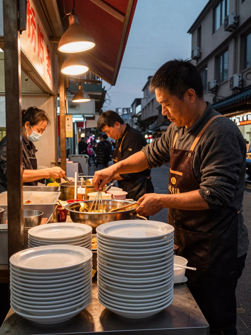 Shanghai Street Food Stall at Dusk with Stacked Plates and Rattan Chair in in Shanghai, China
