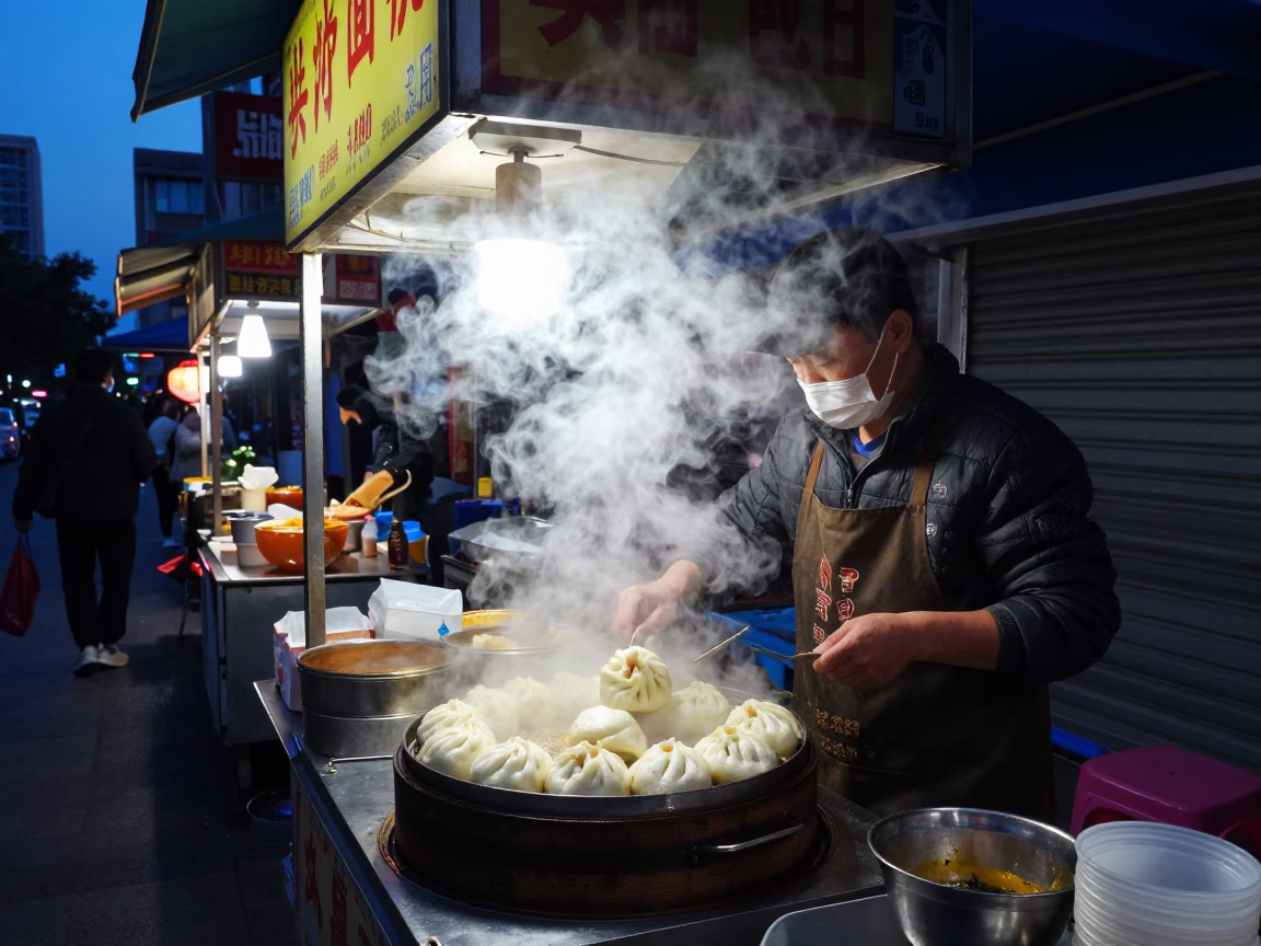 Shanghai Street Food Stall Indigo Twilight Steam and Fresh Bread in in Shanghai, China