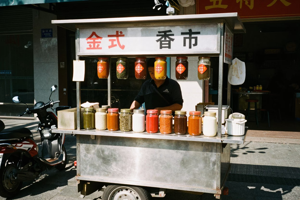 Shanghai Street Food Stall with Spice Jars Under Flat Noon Glare in in Shanghai, China
