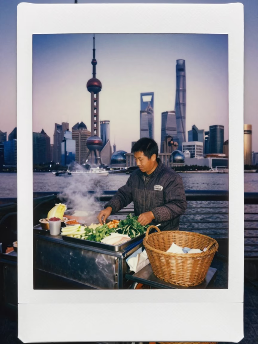 Shanghai Street Food Vendor at Nautical Dawn with Grease Sheen on Rail and Basket in in Shanghai, China