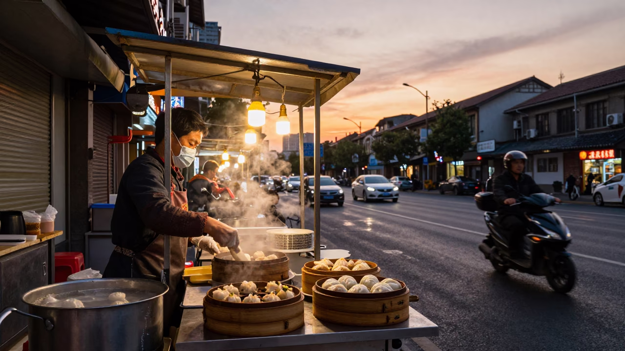 Shanghai Street Food Vendor at Sunset with Dim Sum and String Lights in in Shanghai, China